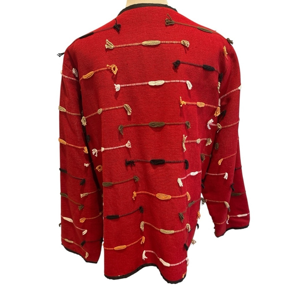90s INDIGO MOON COTTON RED & BLK FUNKY BOHO BEAD & YARN EMBELLISHED BLAZER SZ 3X - Picture 7 of 8